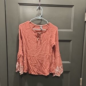 Women's Lace Trim Bell Sleeve Top - Rust